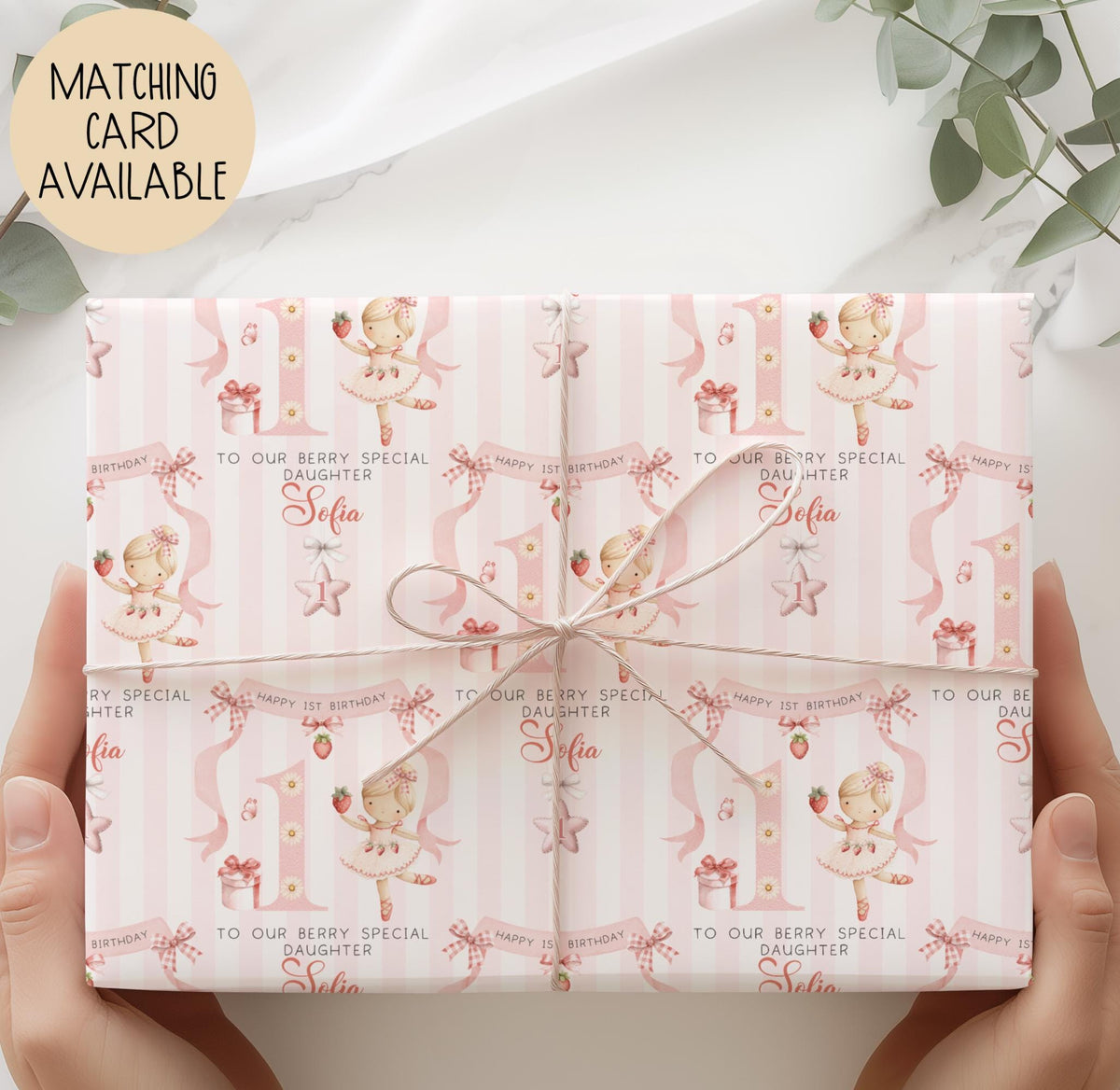 Girls strawberry ballerina 1st birthday wrapping paper