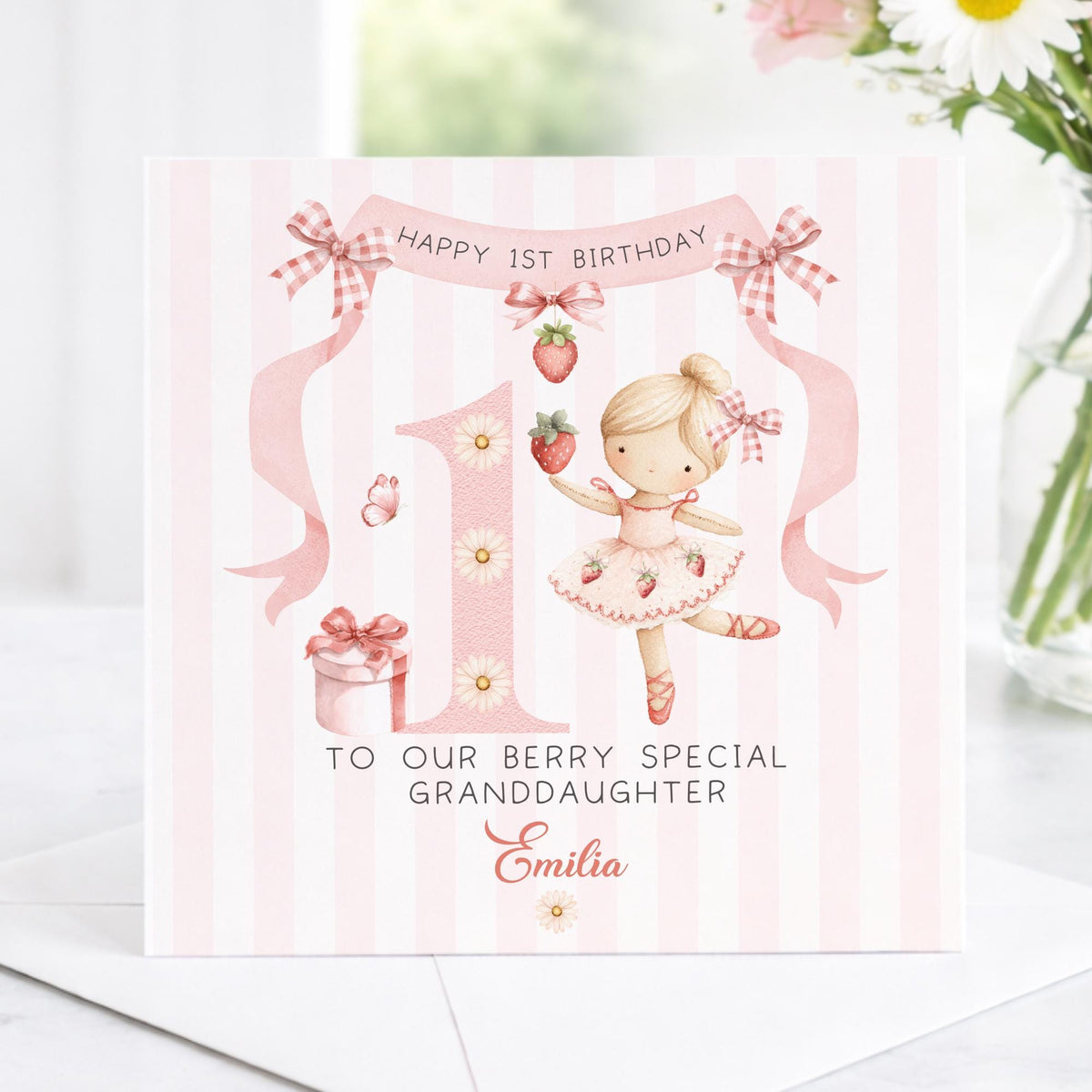 Girls strawberry ballerina 1st birthday wrapping paper