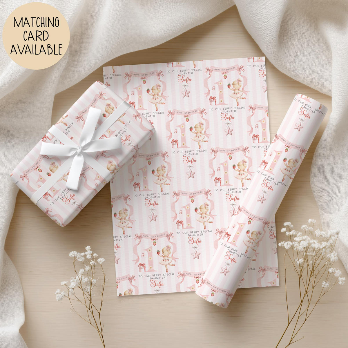 Girls strawberry ballerina 1st birthday wrapping paper