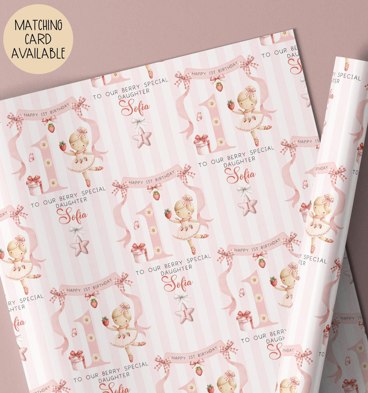 Girls strawberry ballerina 1st birthday wrapping paper