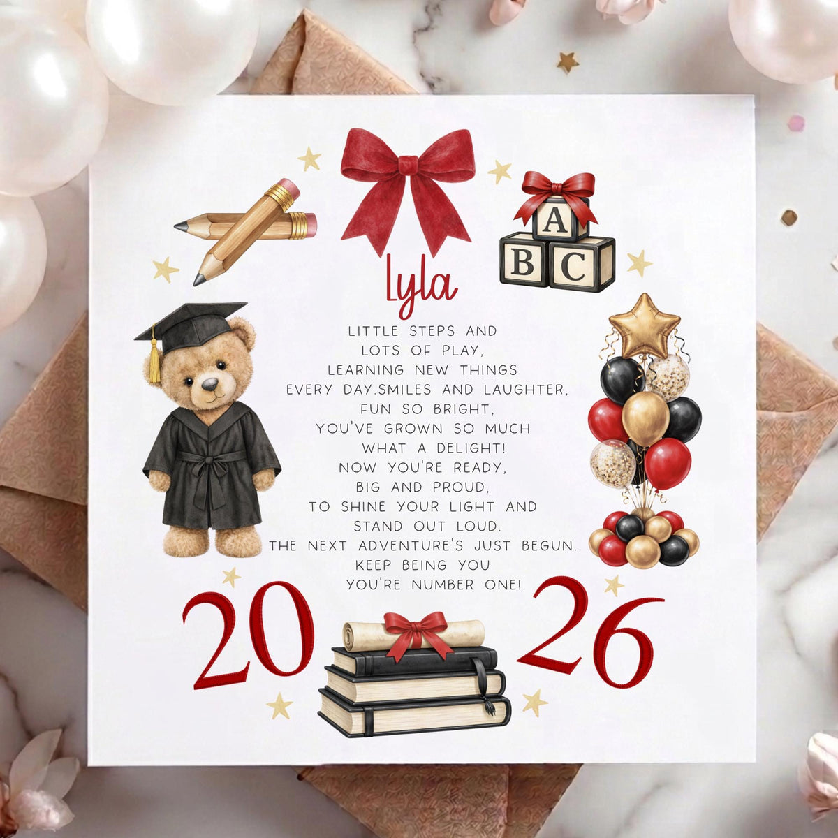 Teddy Graduate & Balloons Nursery Graduate Card – Pre-School Leavers – Cotton and Twigg