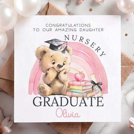 Rainbow Teddy Nursery Graduate Card for Girls – Cotton and Twigg