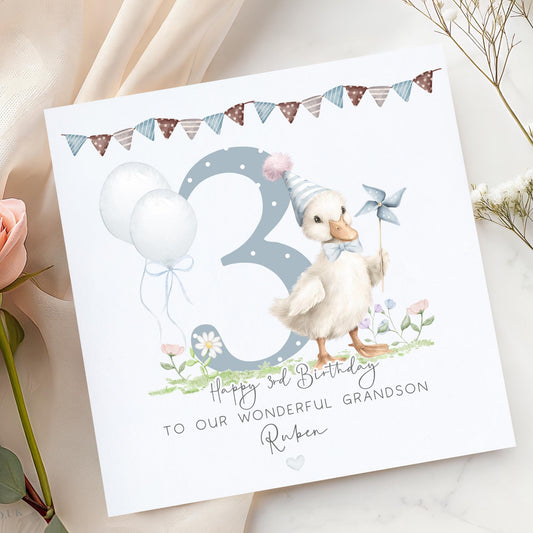 Watercolour Goose 3rd Birthday Card for Boys – Cotton and Twigg