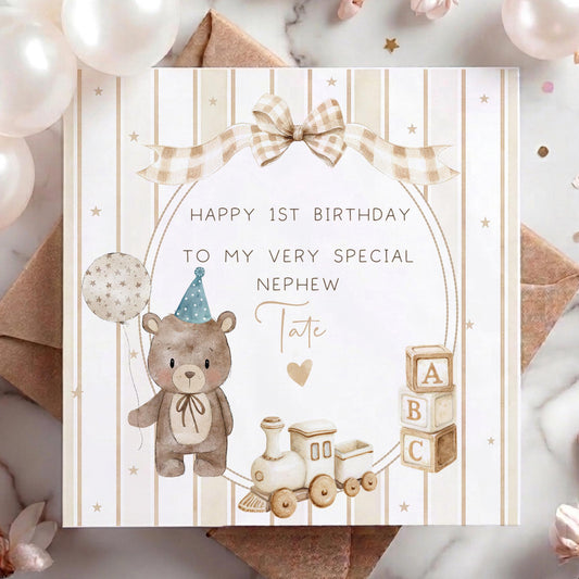 Teddy & Train 1st Birthday Card for Boys – Cotton and Twigg