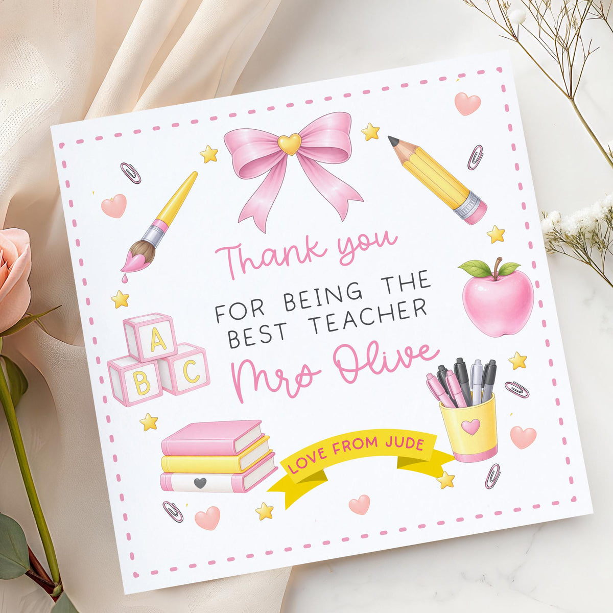 Pink Bow Thank You for Being the Best Teacher Card – Cotton and Twigg