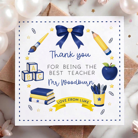 Navy Bow Thank You Teacher Card for Him – Cotton and Twigg