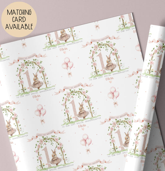 Girls bunny 1st birthday wrapping paper