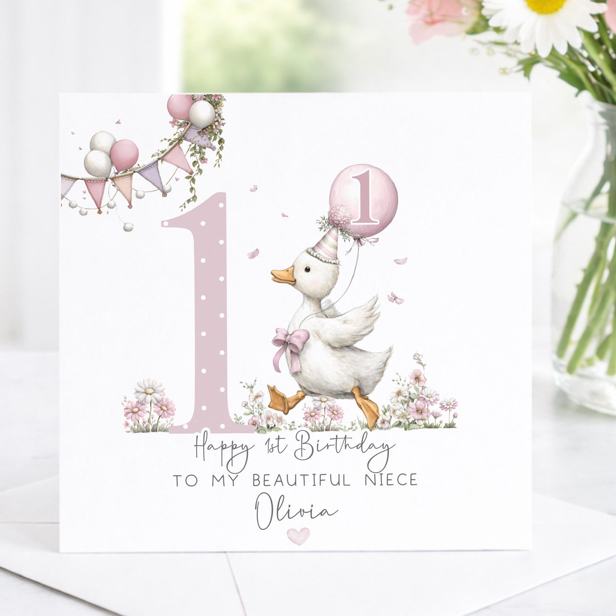 Girls balloon goose 1st birthday wrapping paper