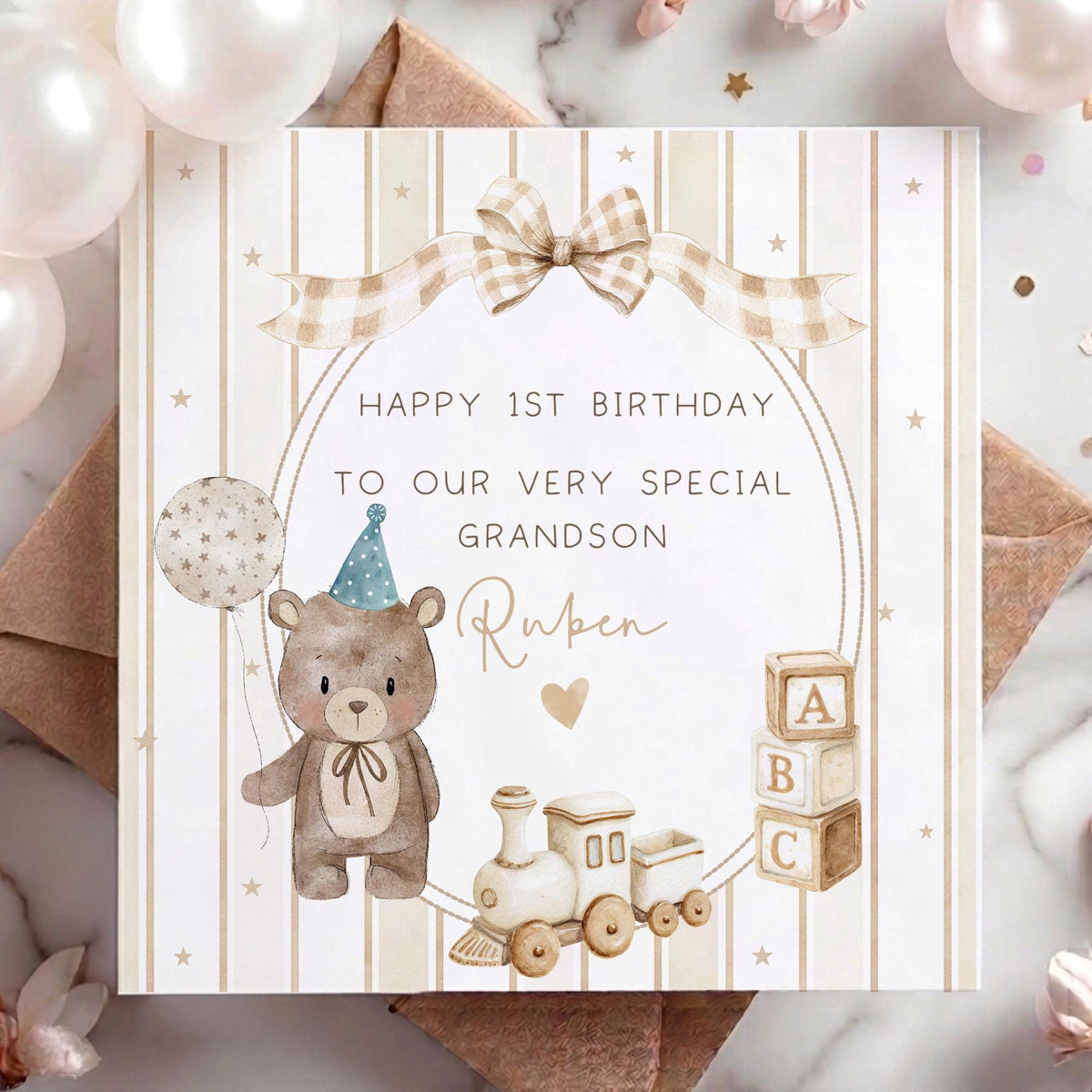 Boys teddy train 1st birthday wrapping paper