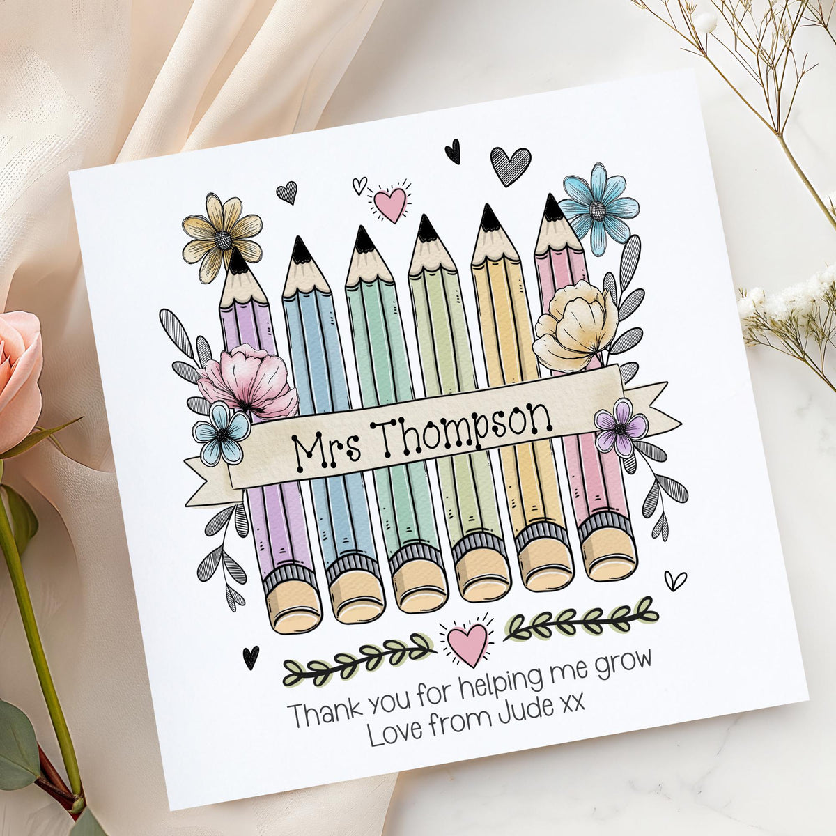 Rainbow Pencils Thank You for Helping Me Grow Teacher Card – Cotton and Twigg
