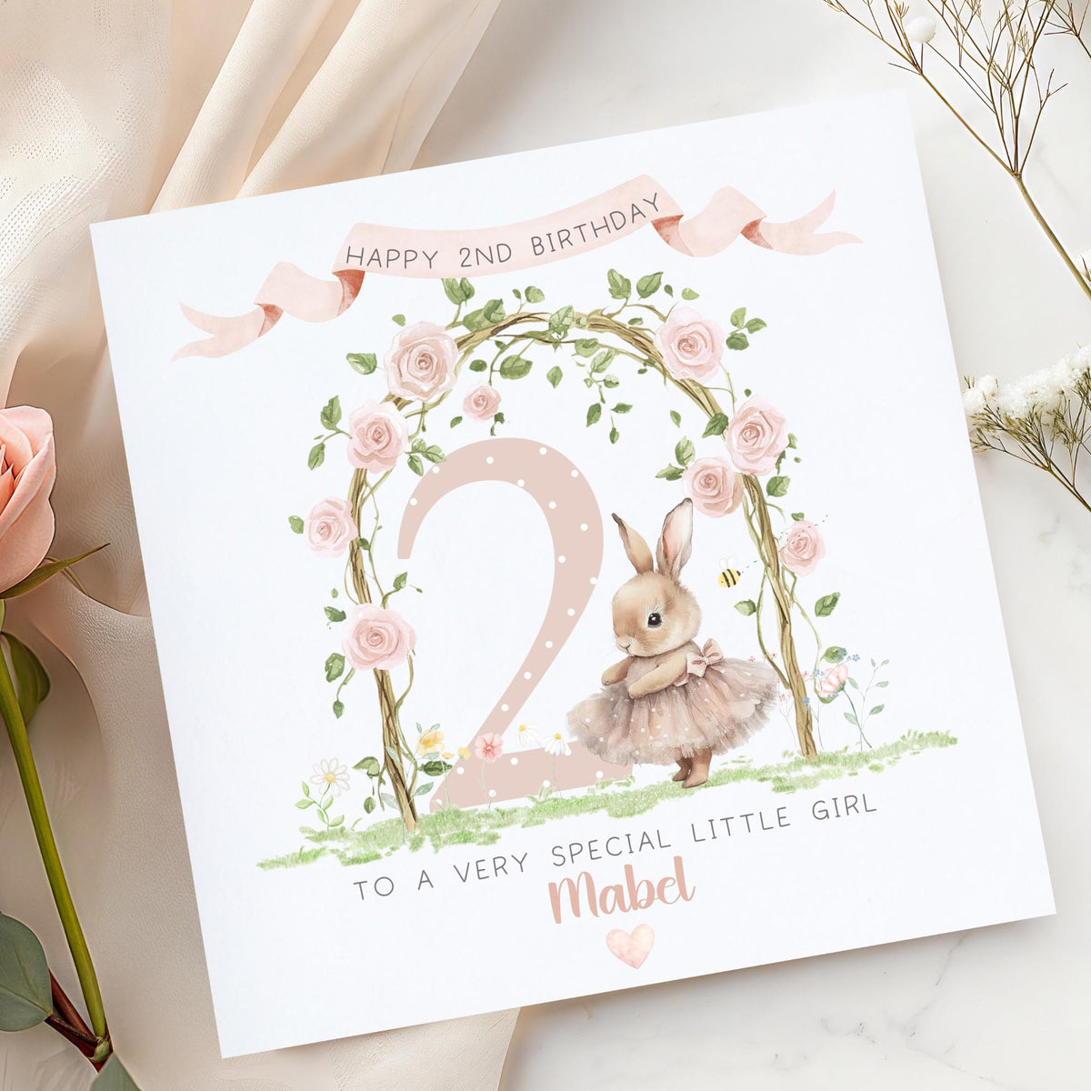 Floral Arch Bunny 2nd Birthday Card for Girls – Cotton and Twigg