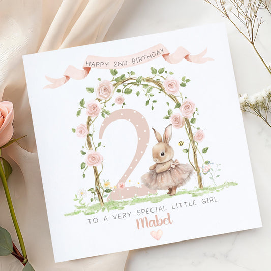 Floral Arch Bunny 2nd Birthday Card for Girls – Cotton and Twigg