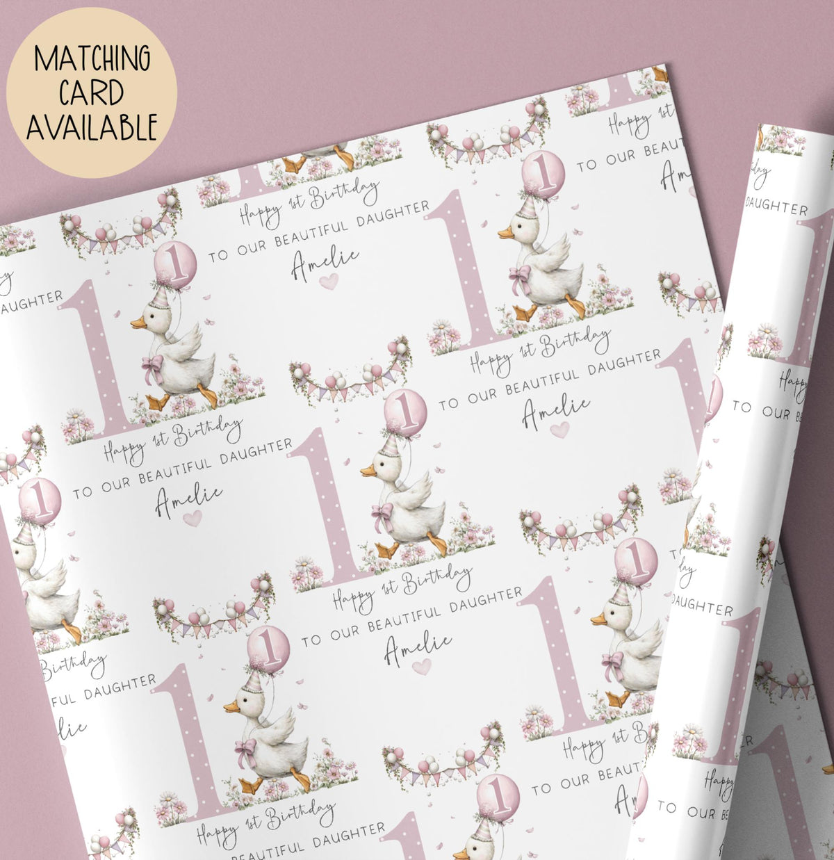 Girls balloon goose 2nd birthday wrapping paper