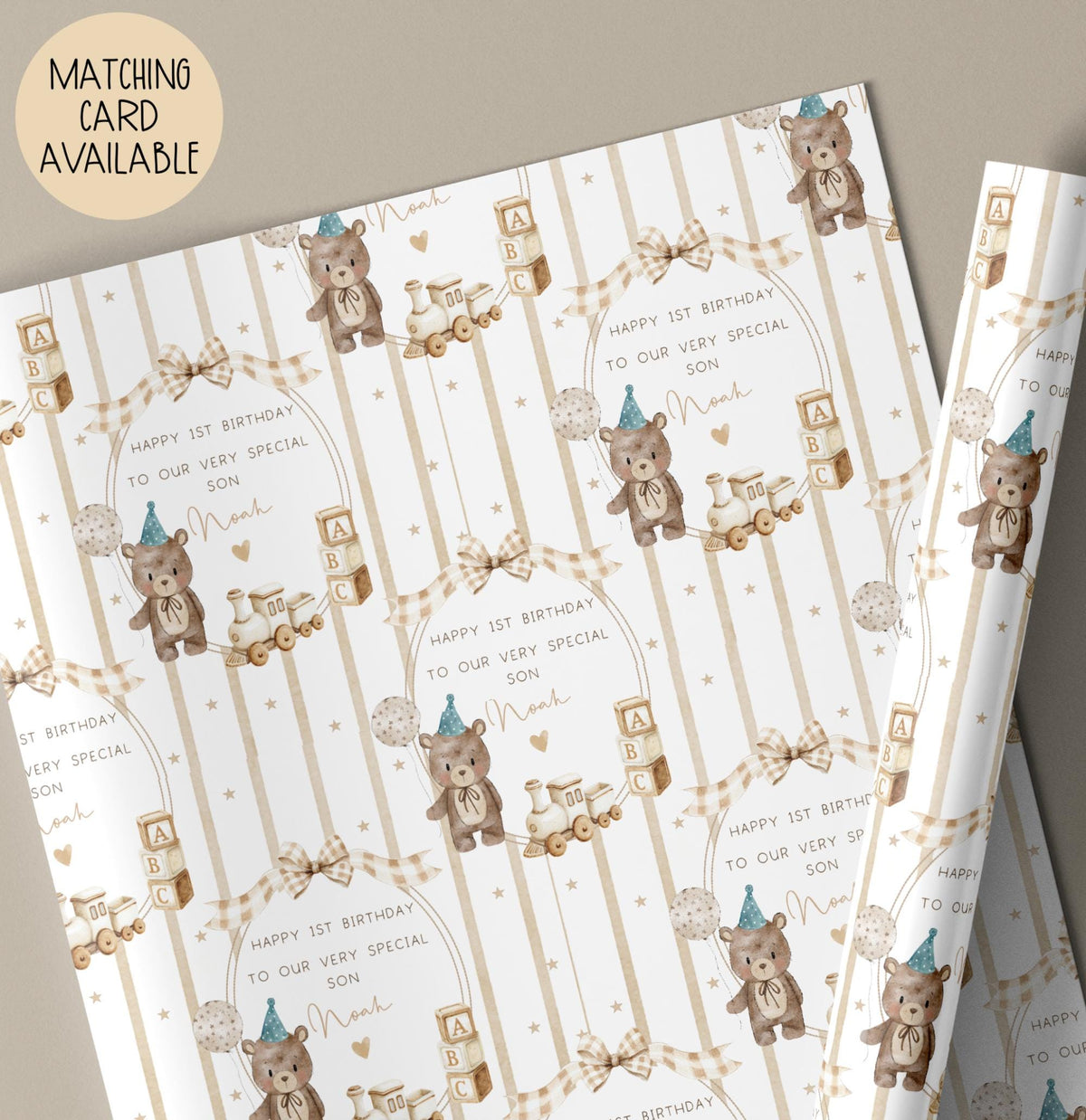 Boys teddy train 1st birthday wrapping paper