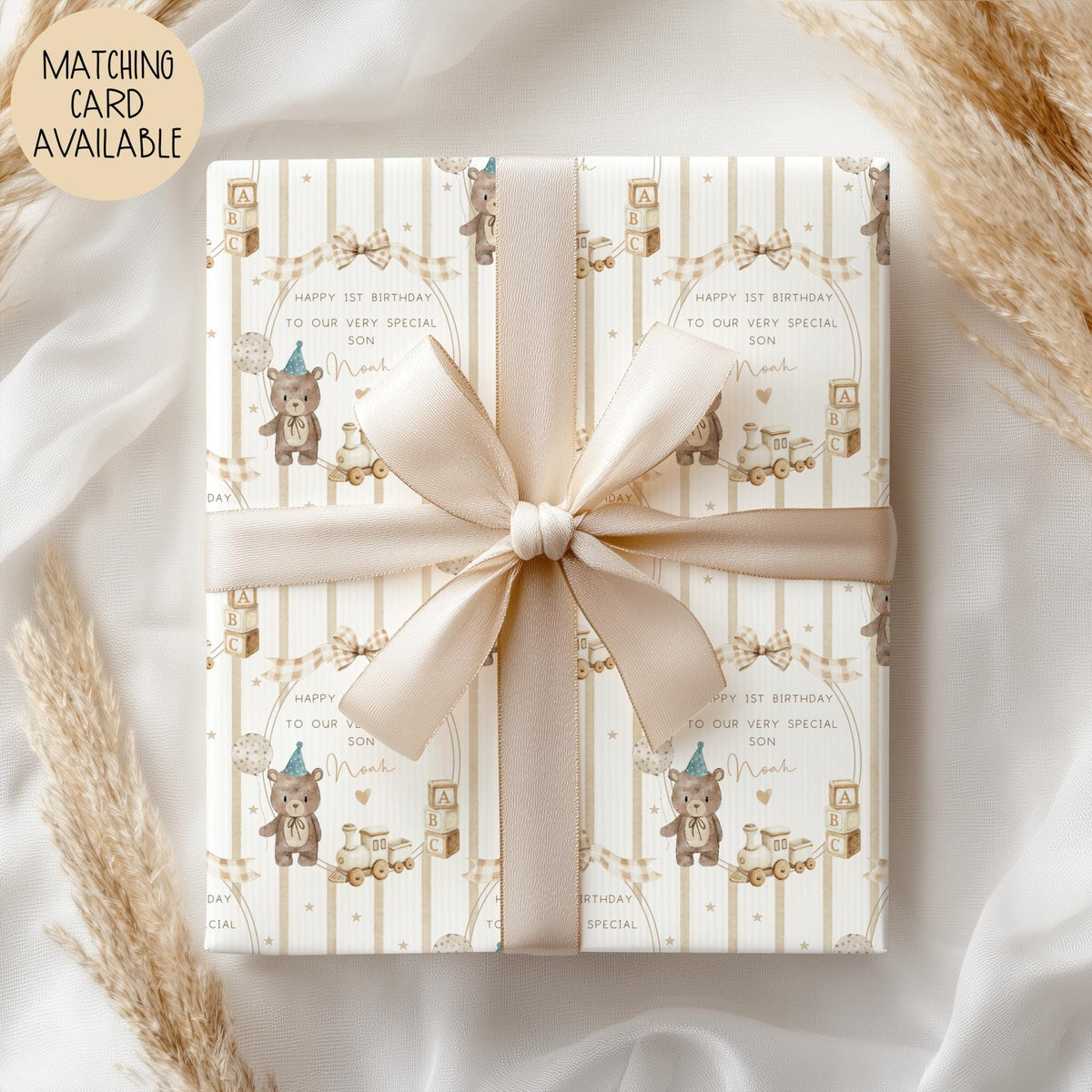 Boys teddy train 1st birthday wrapping paper
