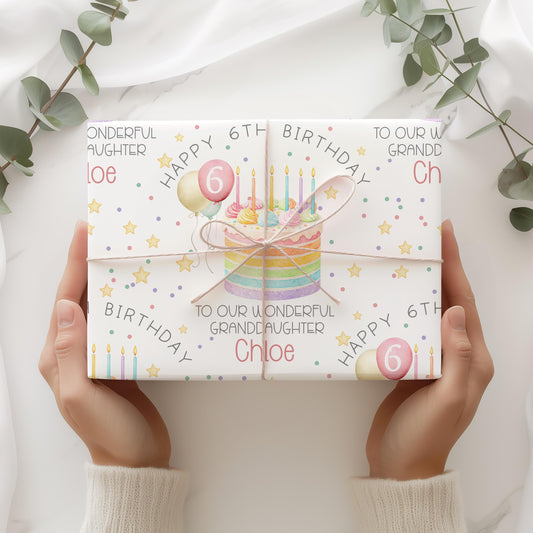 Girls rainbow cake birthday wrapping paper