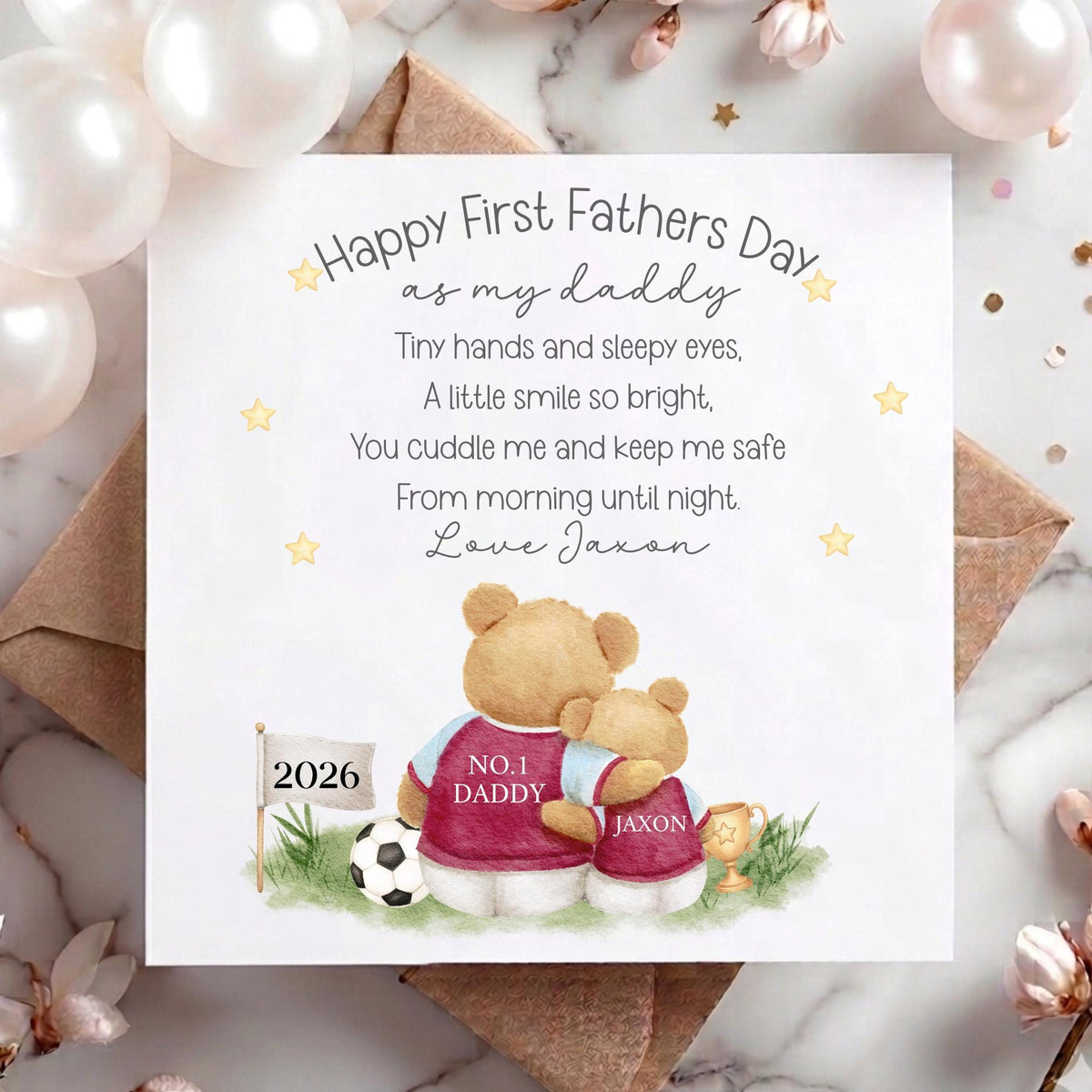 Teddy Footballer 1st Father's Day Card as My Daddy – Team Colours – Cotton and Twigg