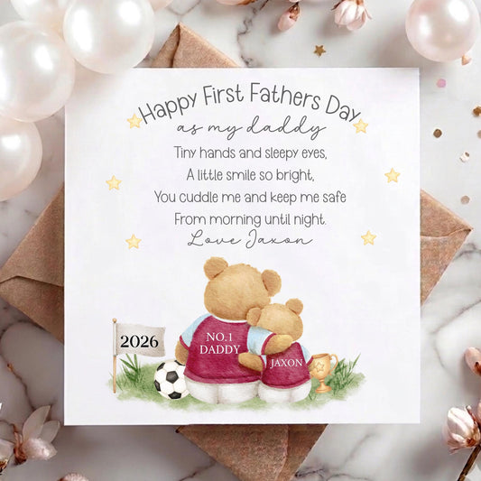 Teddy Footballer 1st Father's Day Card as My Daddy – Team Colours – Cotton and Twigg