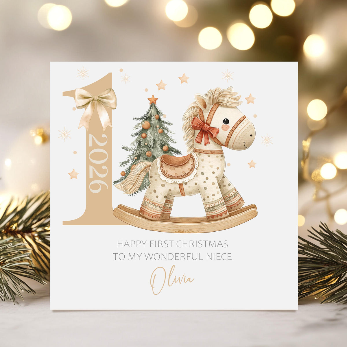 Rocking Horse & Christmas Tree Baby's First Christmas Card 2026 for Baby Girl – photo 2