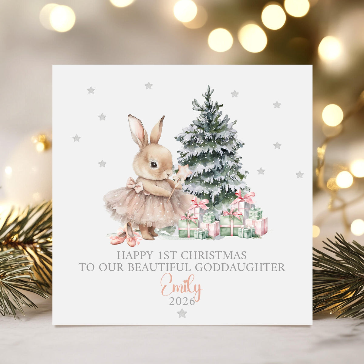 Bunny Ballerina & Christmas Tree Baby's First Christmas Card 2026 for Baby Girl – photo 3