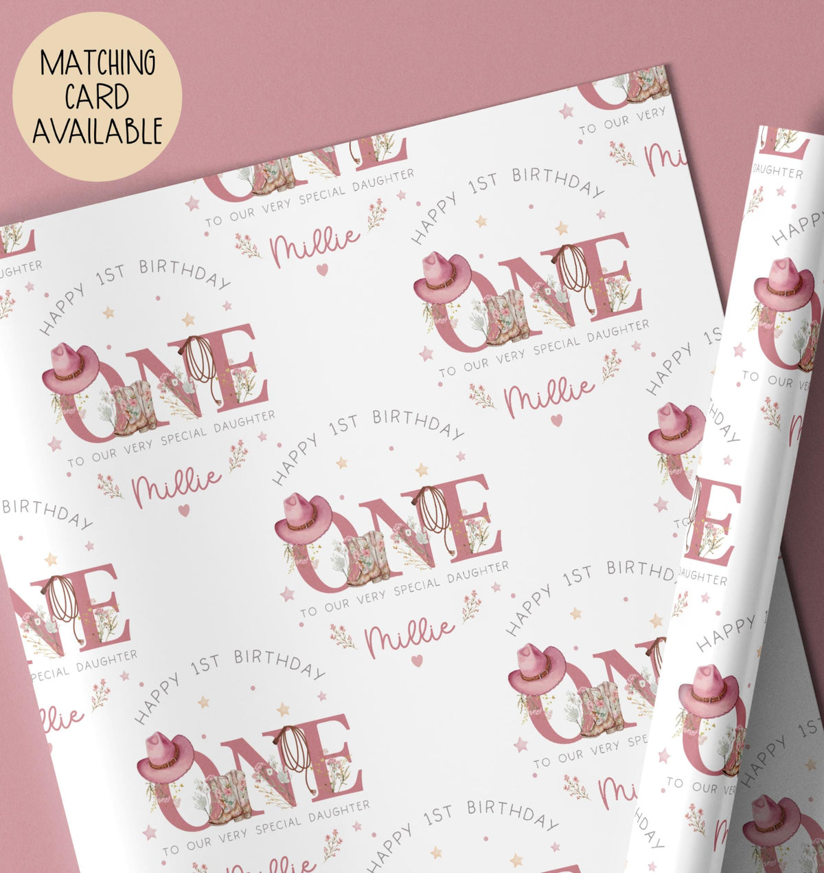 Girls pink cowgirl 3rd birthday wrapping paper