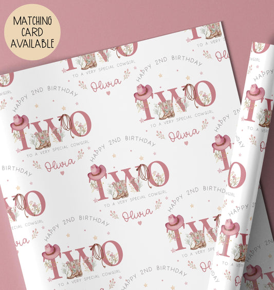 Girls pink cowgirl 2nd birthday wrapping paper