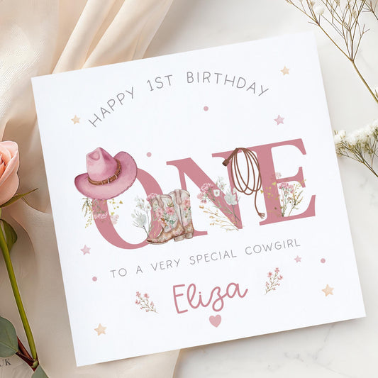 Pink Cowgirl ONE 1st Birthday Card for Girls – Cotton and Twigg