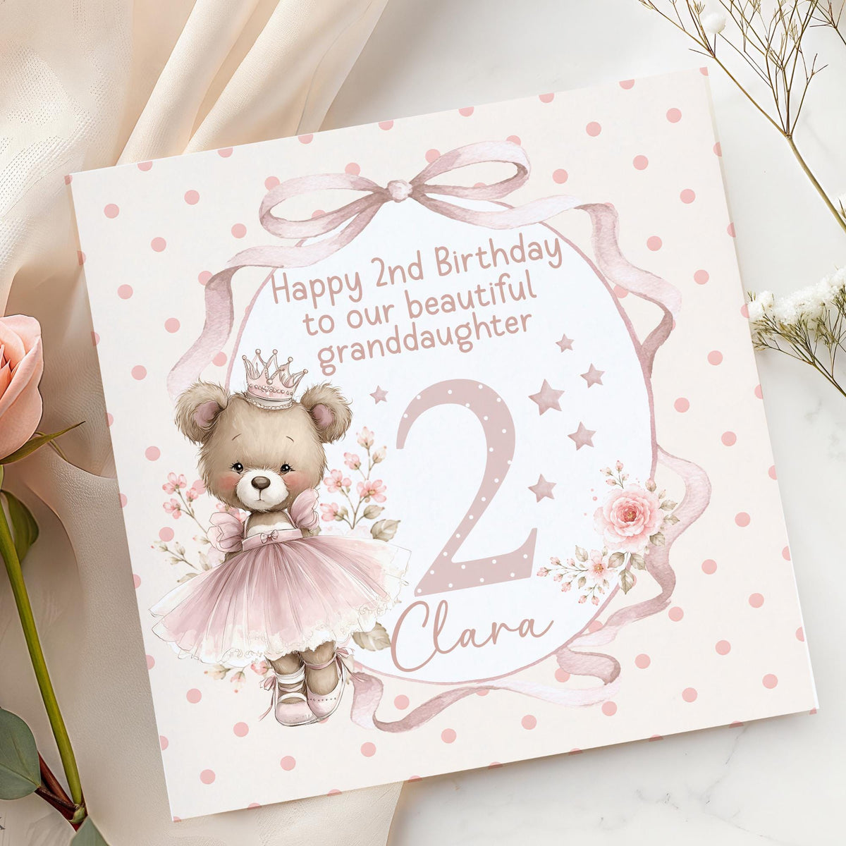 Pink Ballerina Teddy Bow Frame 2nd Birthday Card for Girls – Cotton and Twigg