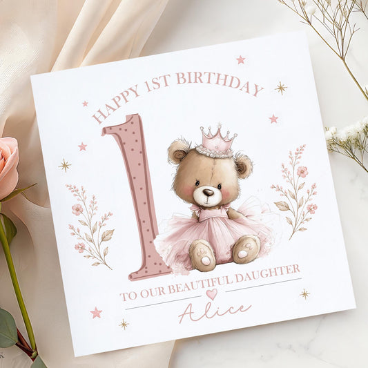 Teddy Princess Crown 1st Birthday Card for Girls – Cotton and Twigg