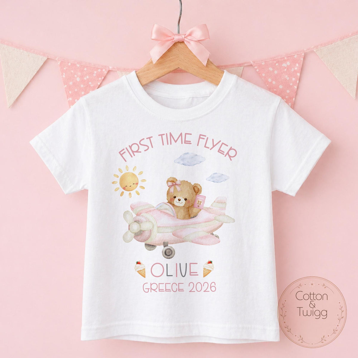 Pink Teddy Aeroplane Holiday T-shirt