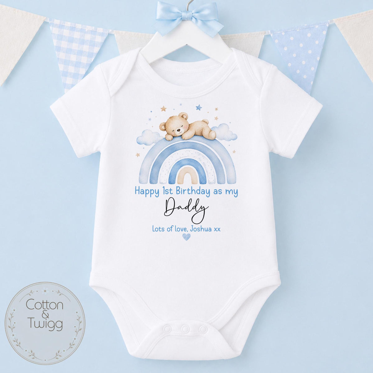 Blue Rainbow Teddy Daddy Birthday Babygrow
