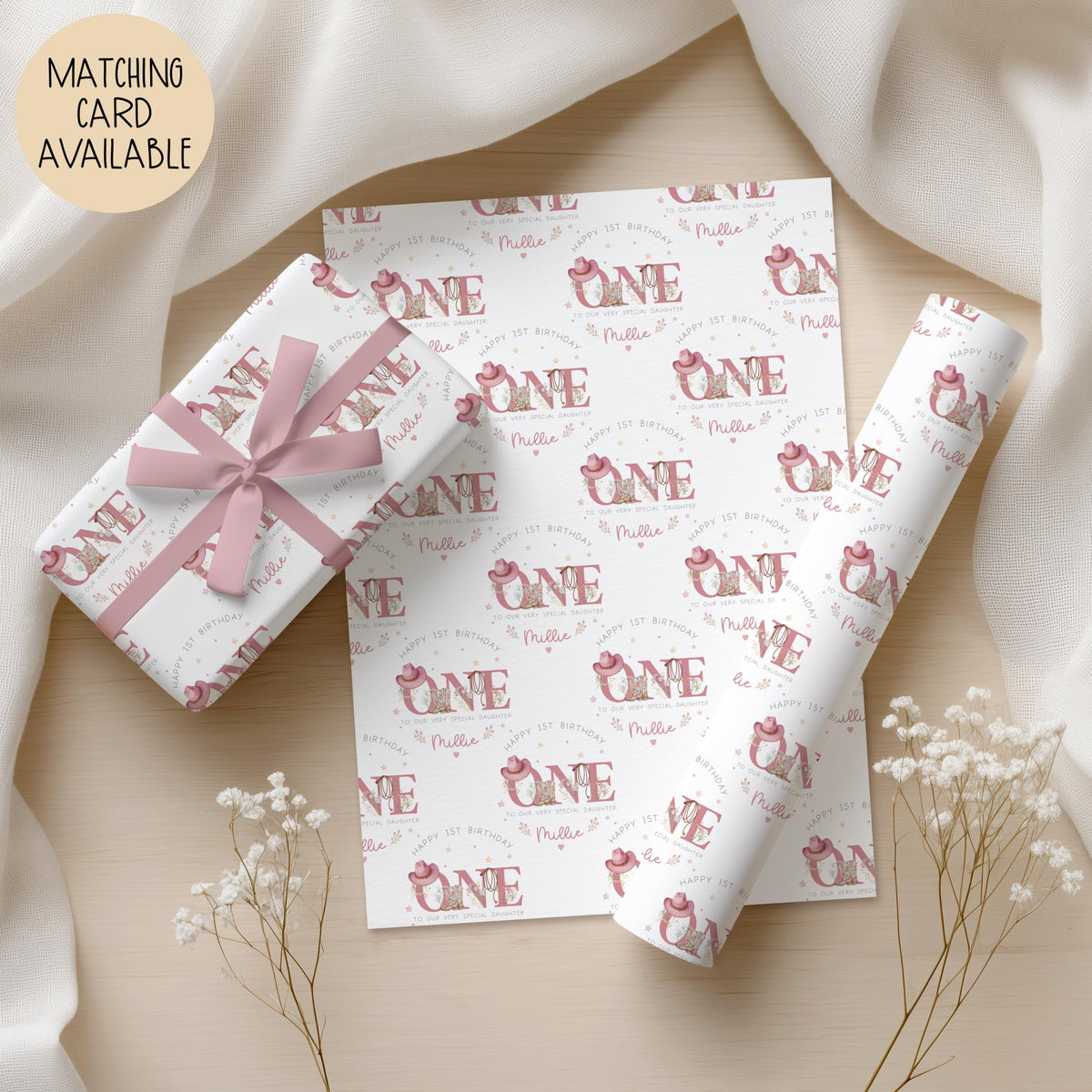 Girls pink cowgirl 3rd birthday wrapping paper
