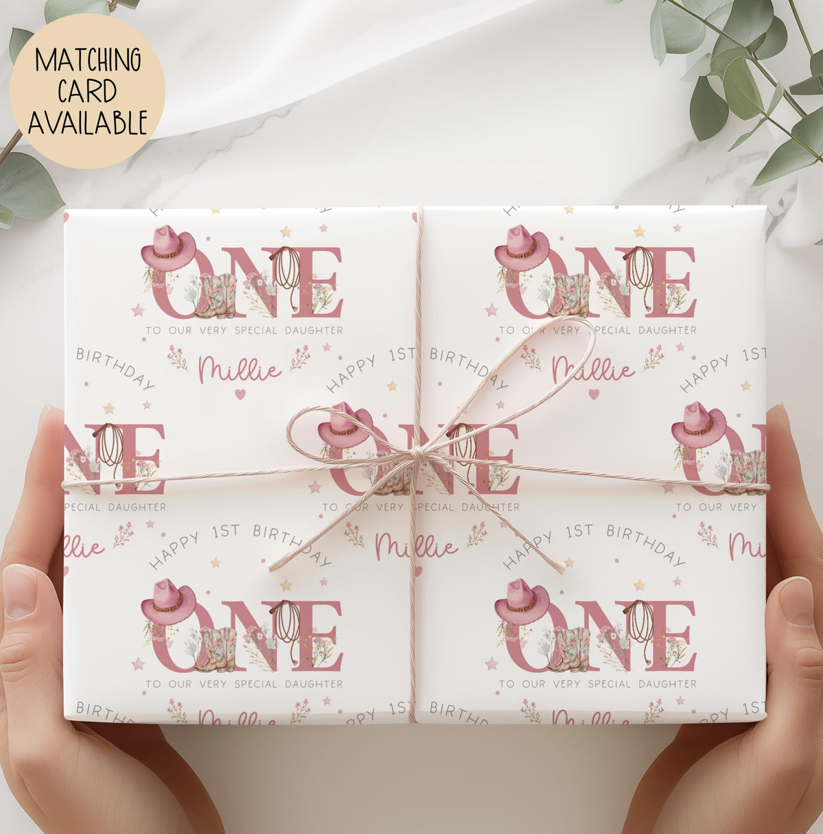 Girls pink cowgirl 1st birthday wrapping paper