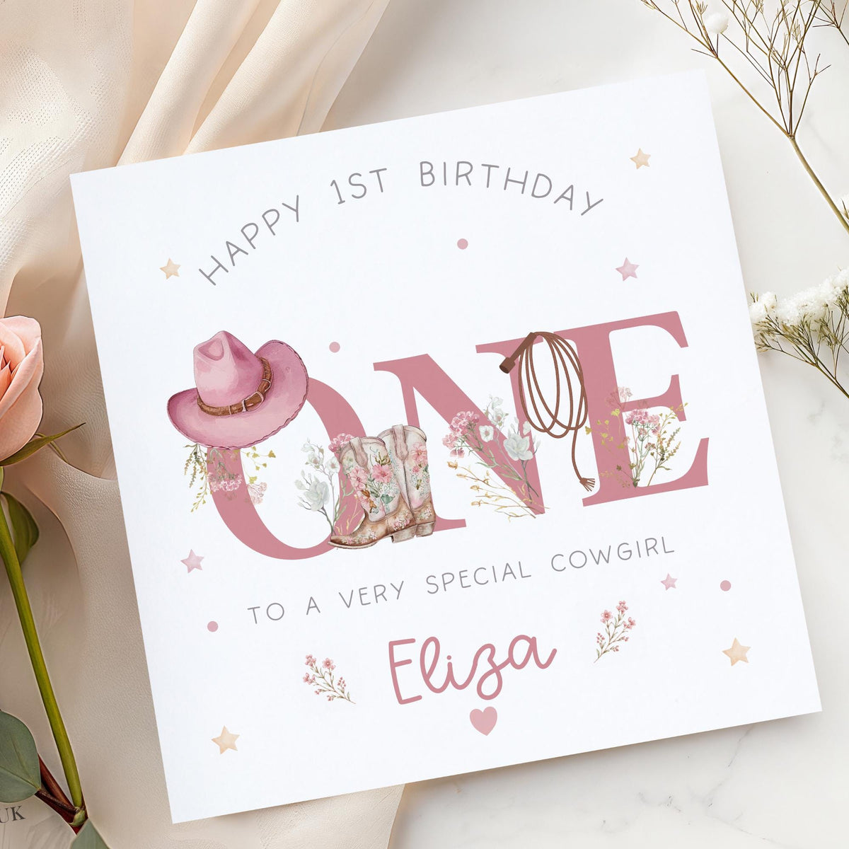 Girls pink cowgirl 1st birthday wrapping paper