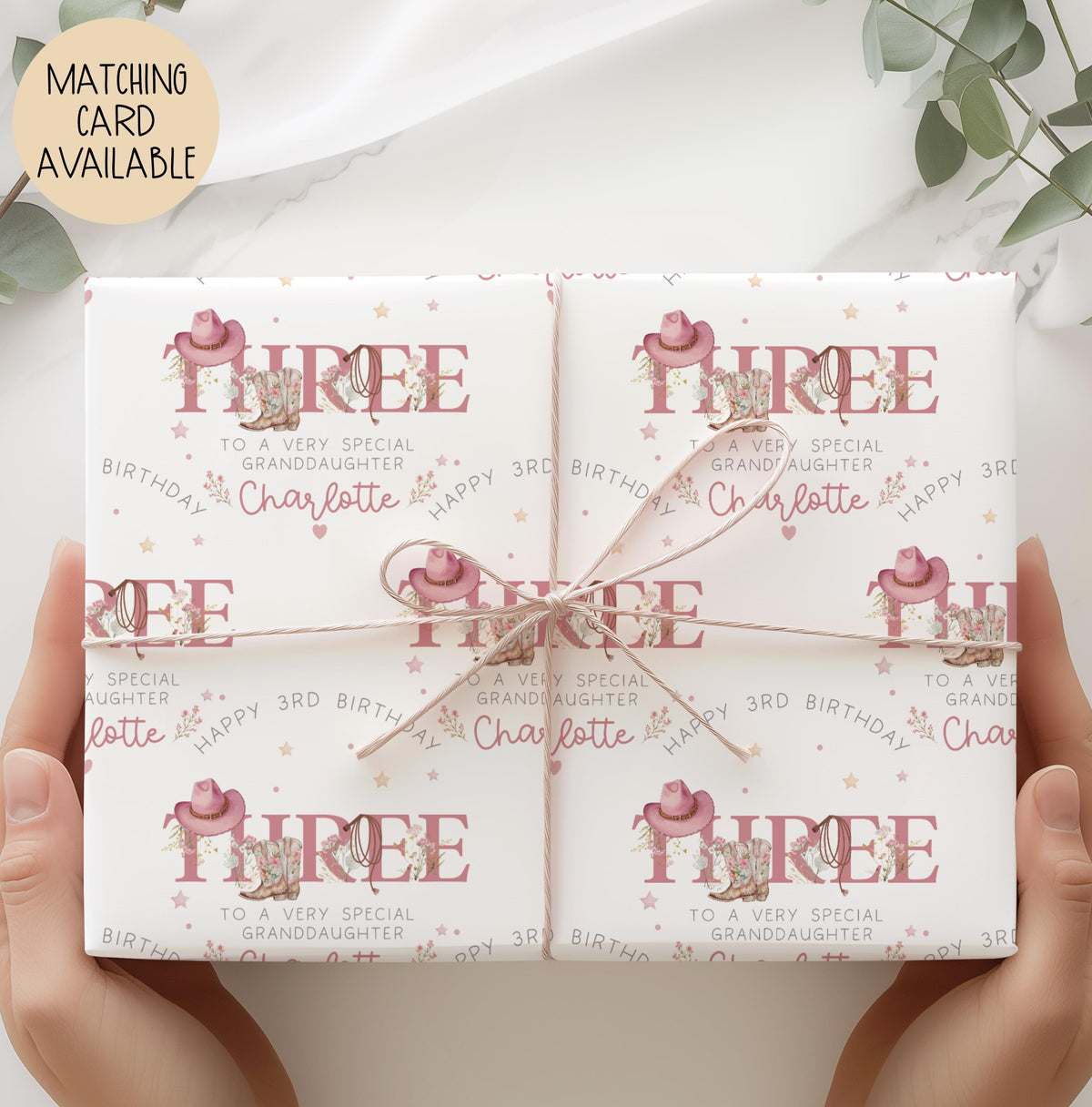Girls pink cowgirl 3rd birthday wrapping paper