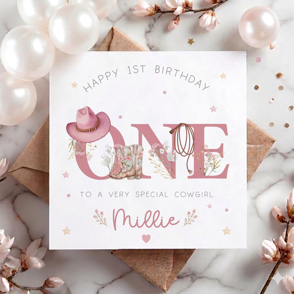 Pink Cowgirl ONE 1st Birthday Card for Girls – photo 4