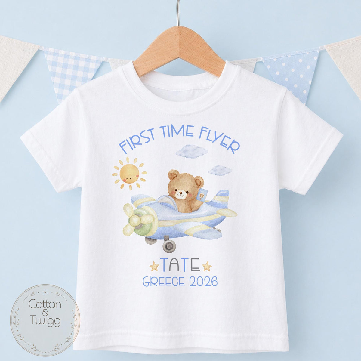 Blue Teddy Aeroplane Holiday T-shirt