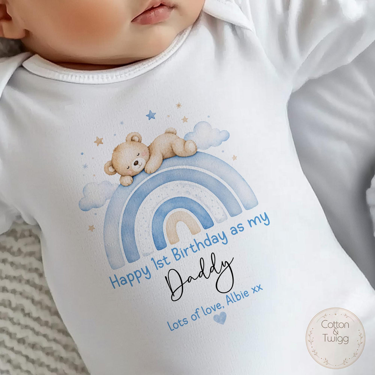 Blue Rainbow Teddy Daddy Birthday Babygrow