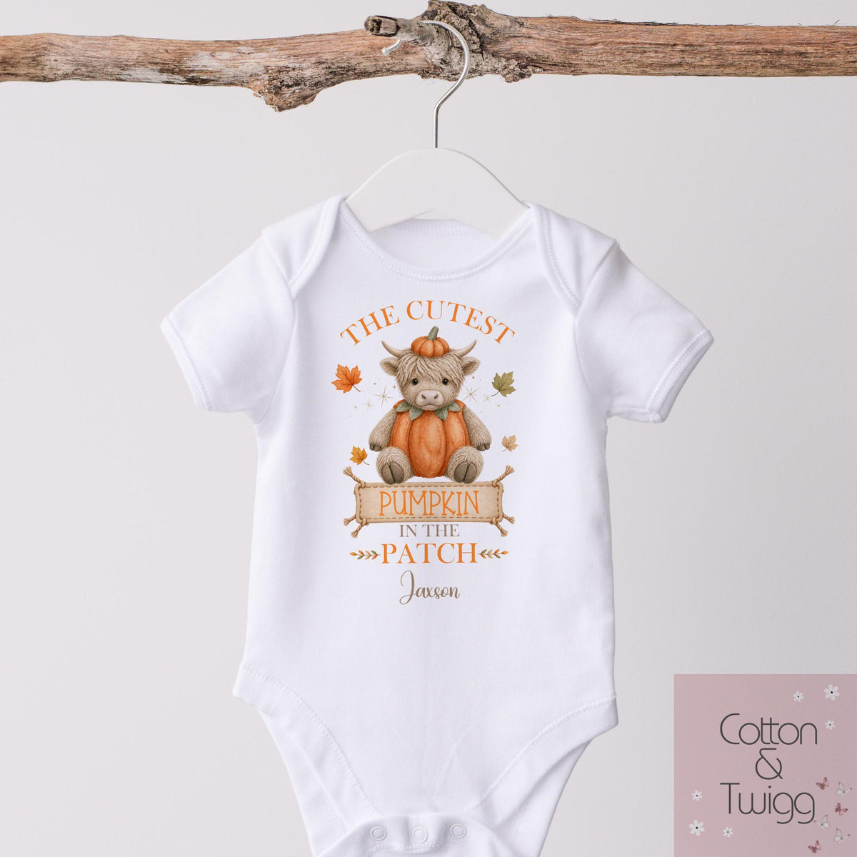 Highland Cow 'The Cutest Pumpkin In The Patch' – Personalised Halloween Sleepsuit, Vest, Bib & T-Shirt