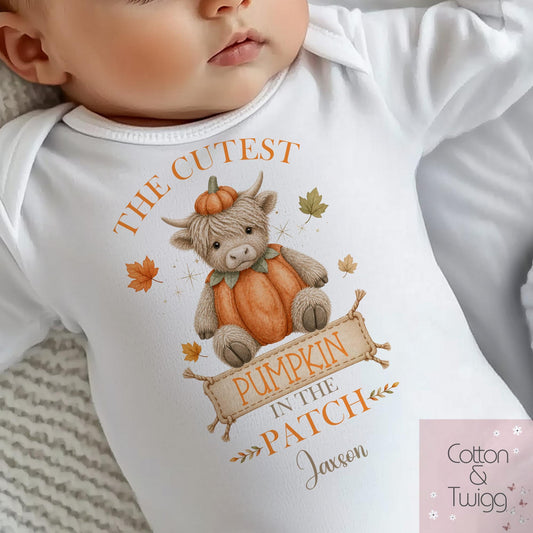 Highland Cow 'The Cutest Pumpkin In The Patch' – Personalised Halloween Sleepsuit, Vest, Bib & T-Shirt