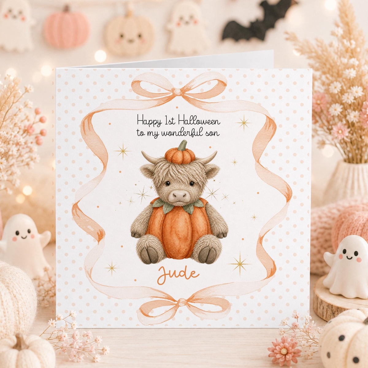 Highland Cow & Peach Bows Baby's 1st Halloween Card – photo 2
