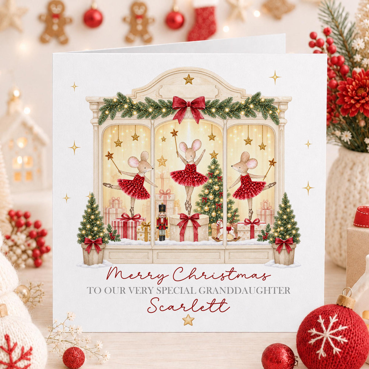 Red Ballerina Mice Christmas Window Card for Girls – Cotton and Twigg