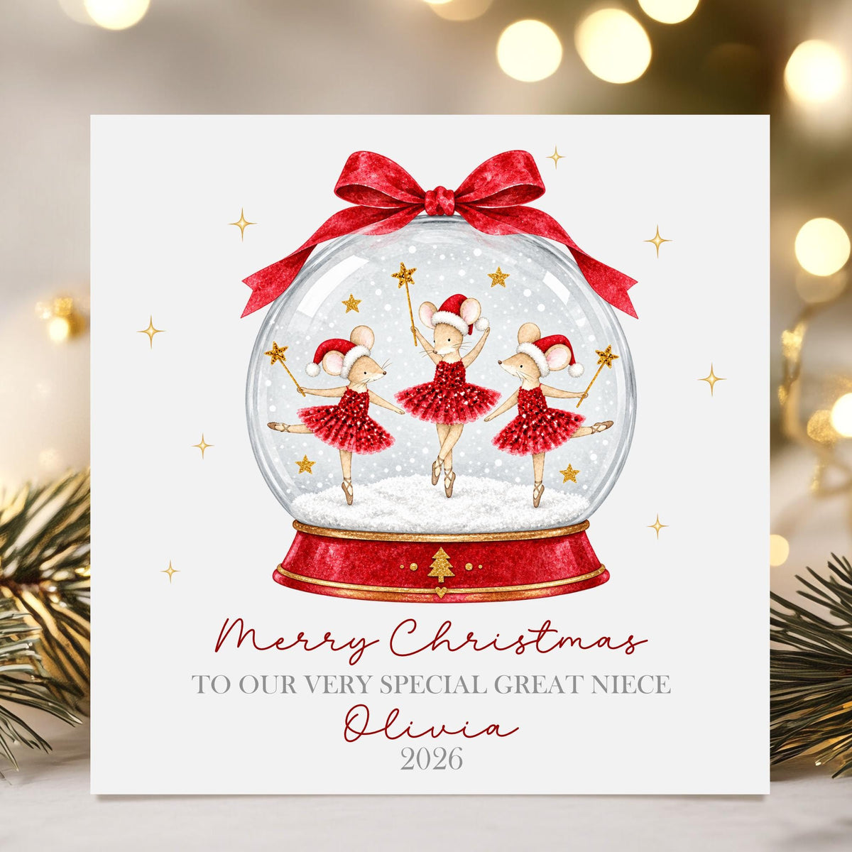 Red Ballerina Mice Snow Globe Christmas Card for Girls – photo 2
