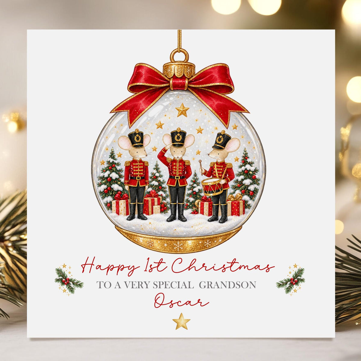 Nutcracker Mice Bauble Baby's 1st Christmas Card for Boys – Cotton and Twigg