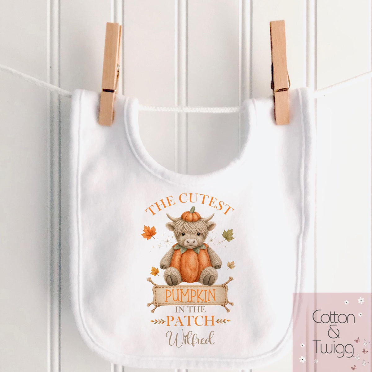 Highland Cow 'The Cutest Pumpkin In The Patch' – Personalised Halloween Sleepsuit, Vest, Bib & T-Shirt