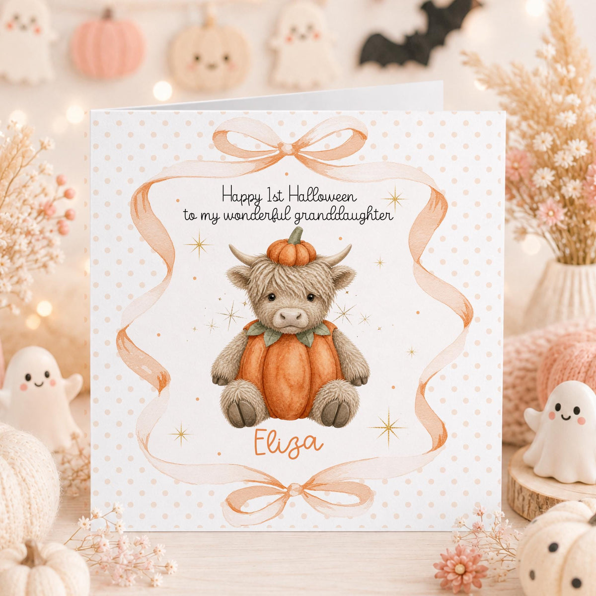 Highland Cow & Peach Bows Baby's 1st Halloween Card – Cotton and Twigg