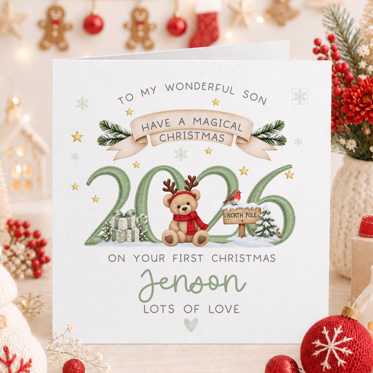 Green Teddy North Pole 2026 Unisex Baby's First Christmas Card – Cotton and Twigg