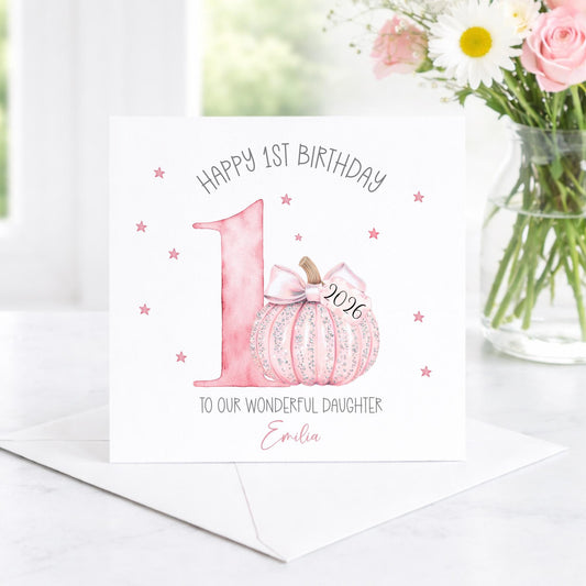 Pink Pumpkin 1st Birthday Card for Girls – Cotton and Twigg