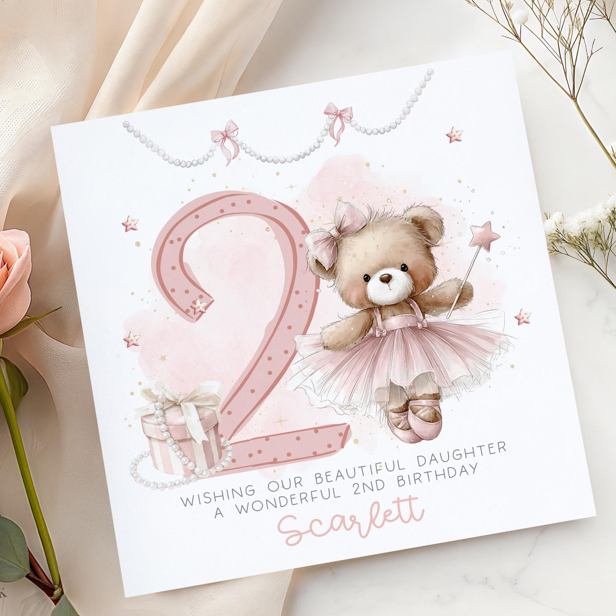Pink Ballerina Teddy 2nd Birthday Card for Girls – Cotton and Twigg