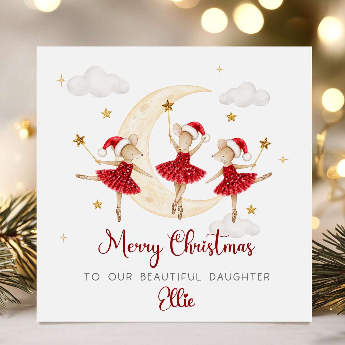 Ballerina Mice on the Moon Christmas Card for Girls – Cotton and Twigg